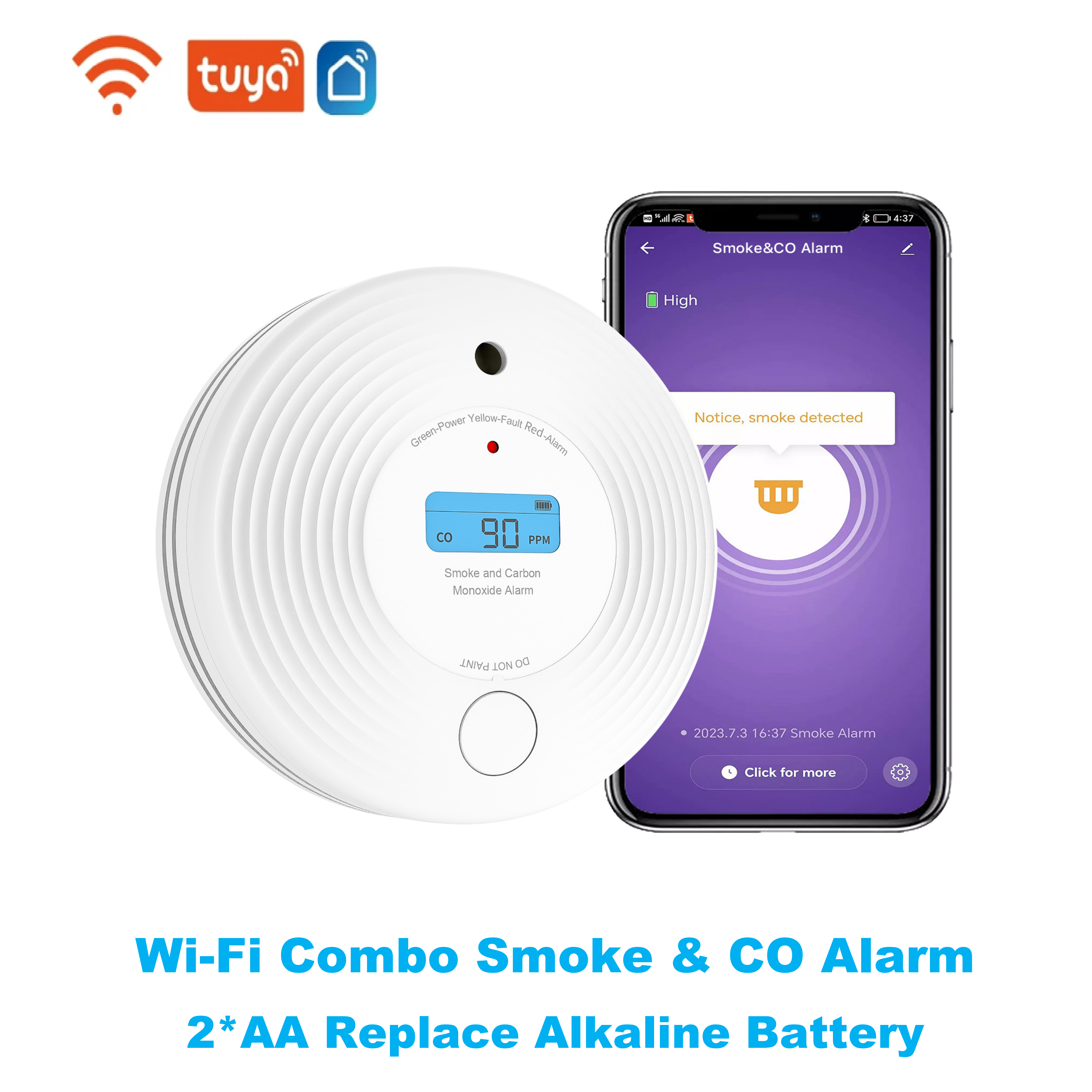 Smoke Detector Interconnected - TuyaSmart Combo Smoke and CO Detector,
